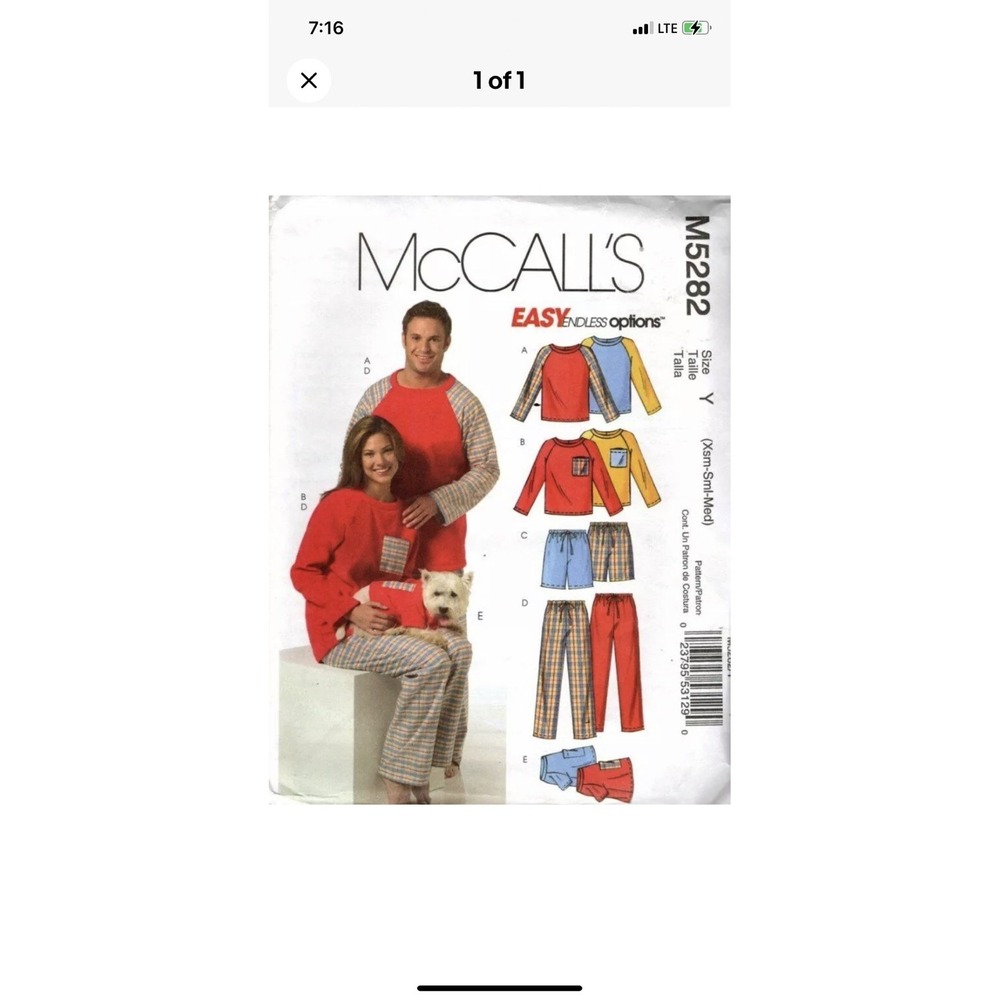 McCalls M5282 Pajamas Sewing Pattern Misses Mens Teen Boys Dog Uncut Size Y